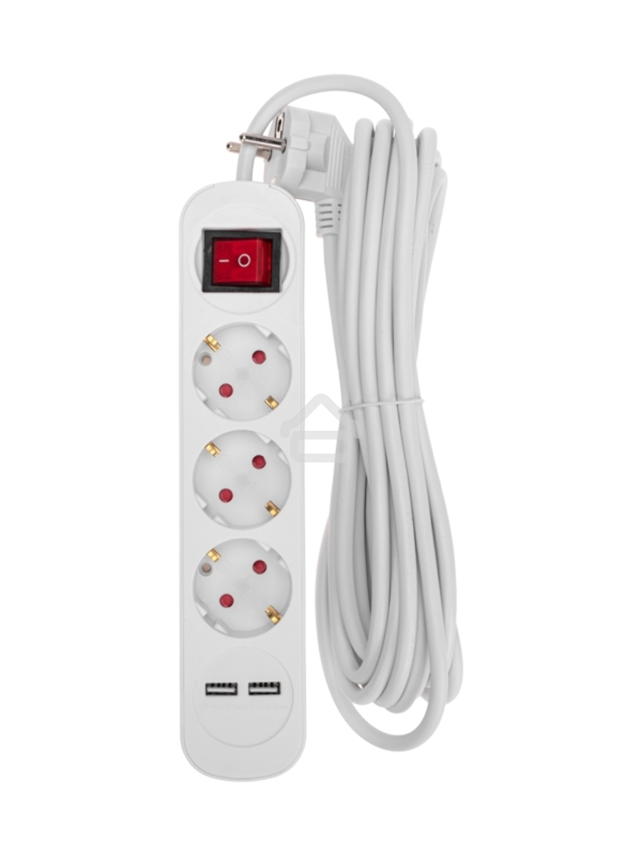 Удлинитель STANDARD 3 гнезда, 5м, 3х1,0мм², с/з, с выключателем, 2 USB, белый Rexant