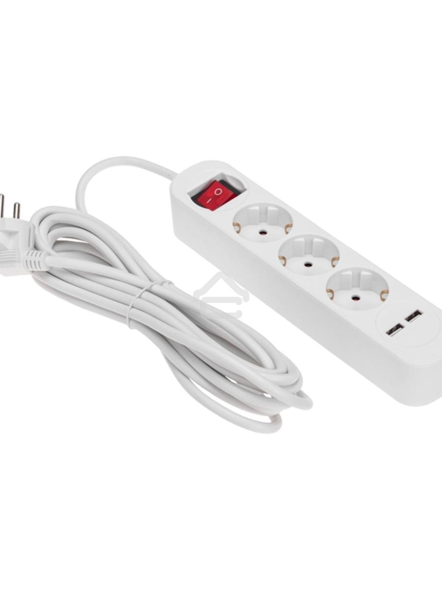 Удлинитель STANDARD 3 гнезда, 5м, 3х1,0мм², с/з, с выключателем, 2 USB, белый Rexant
