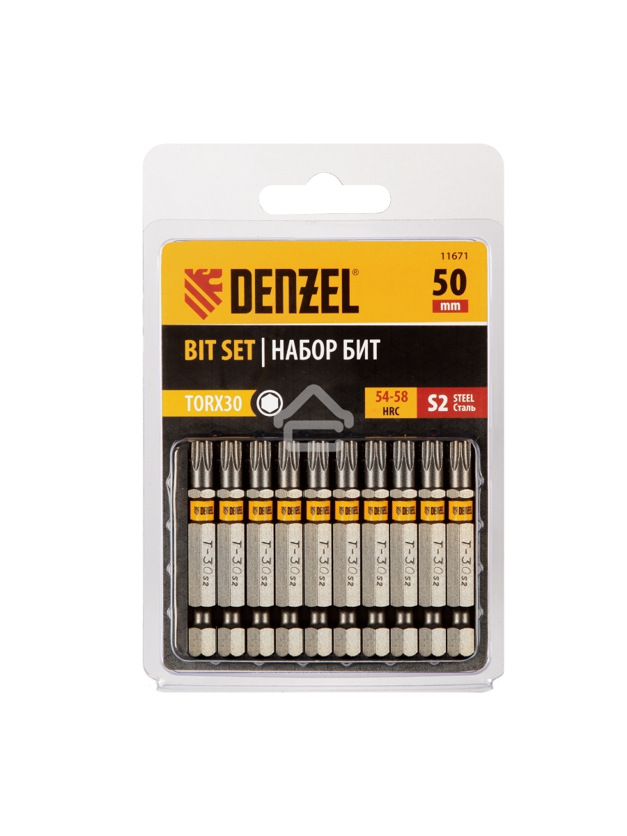 Набор бит TORX 30х50, сталь S2, шестигранный профиль, 10 шт. Denzel