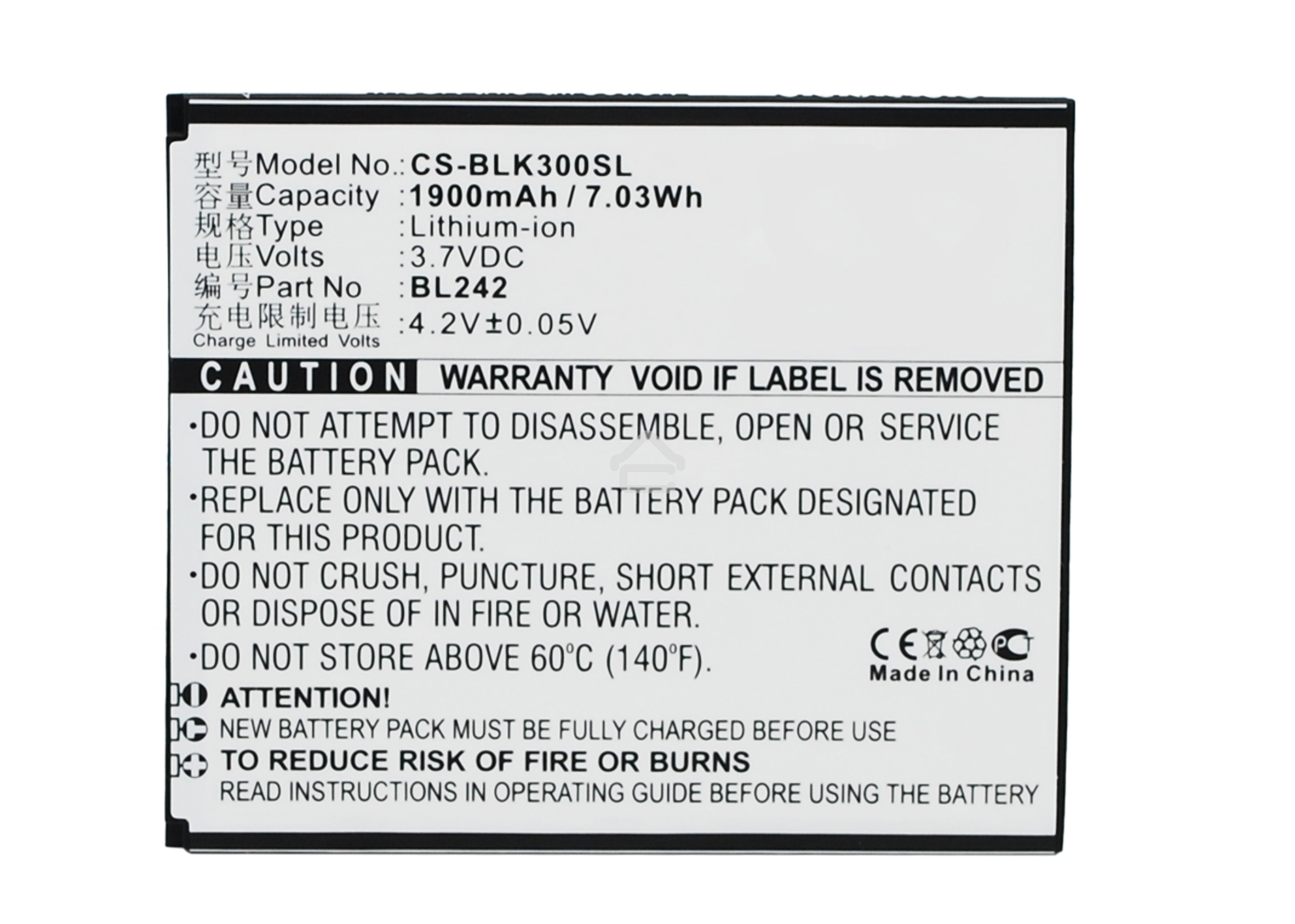 Аккумулятор CameronSino CS-BLK300SL BL242 для Lenovo A6010 Lenovo K3 3.7V / 1900mAh / 7.03Wh