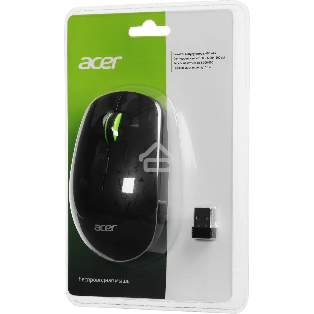 Мышь беспроводная Acer OMR307 черный, 1600 dpi, радиоканал, USB, кнопки - 4