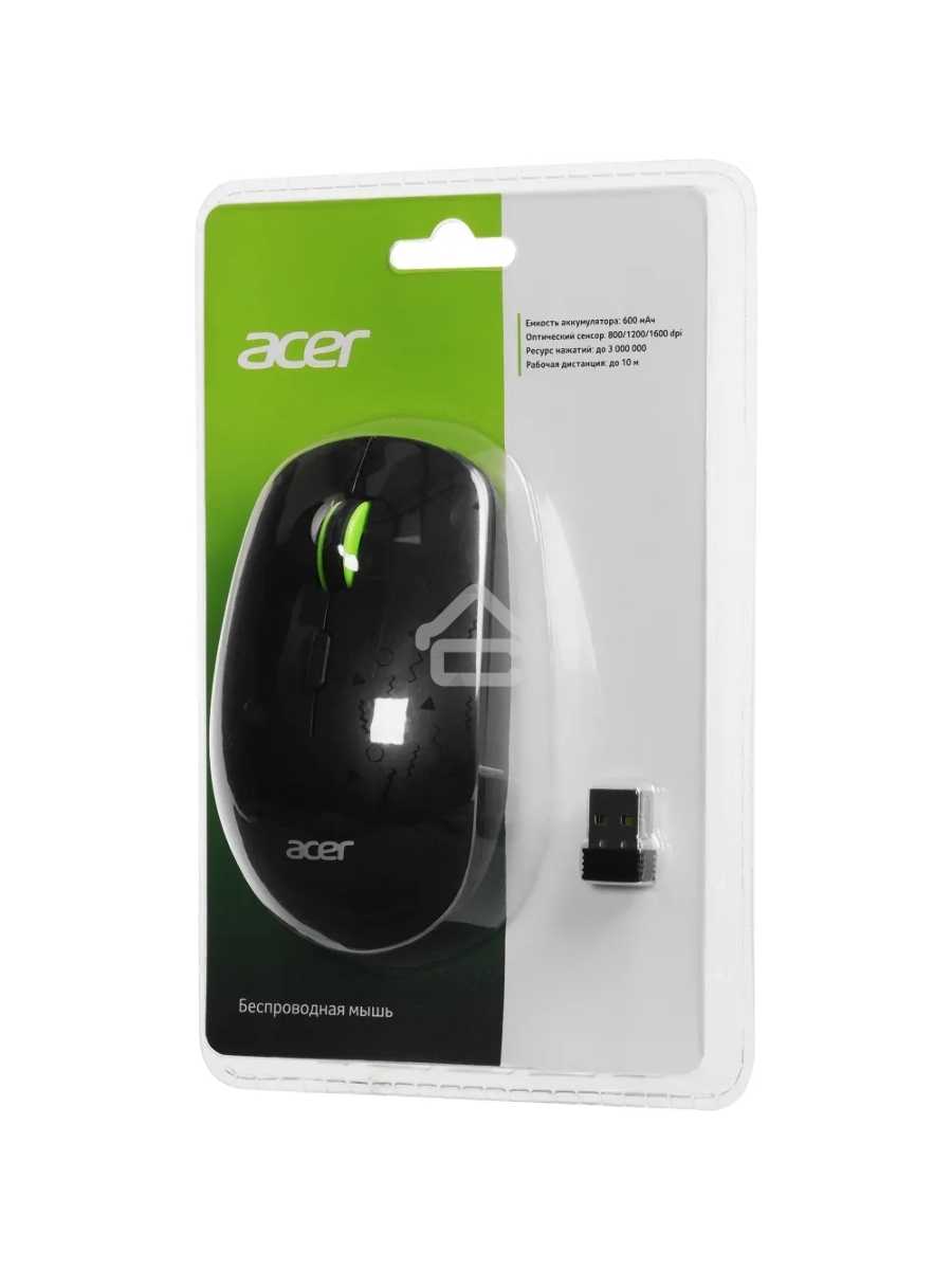 Мышь беспроводная Acer OMR307 черный, 1600 dpi, радиоканал, USB, кнопки - 4