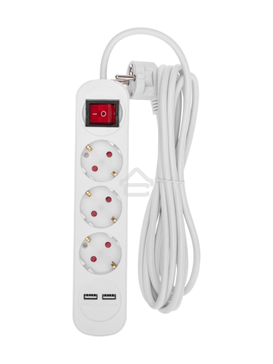 Удлинитель STANDARD 3 гнезда, 3м, 3х1,0мм², с/з, с выключателем, 2 USB, белый Rexant