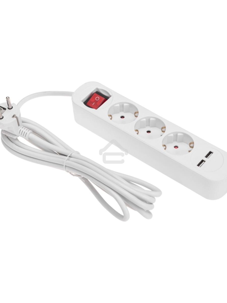 Удлинитель STANDARD 3 гнезда, 3м, 3х1,0мм², с/з, с выключателем, 2 USB, белый Rexant
