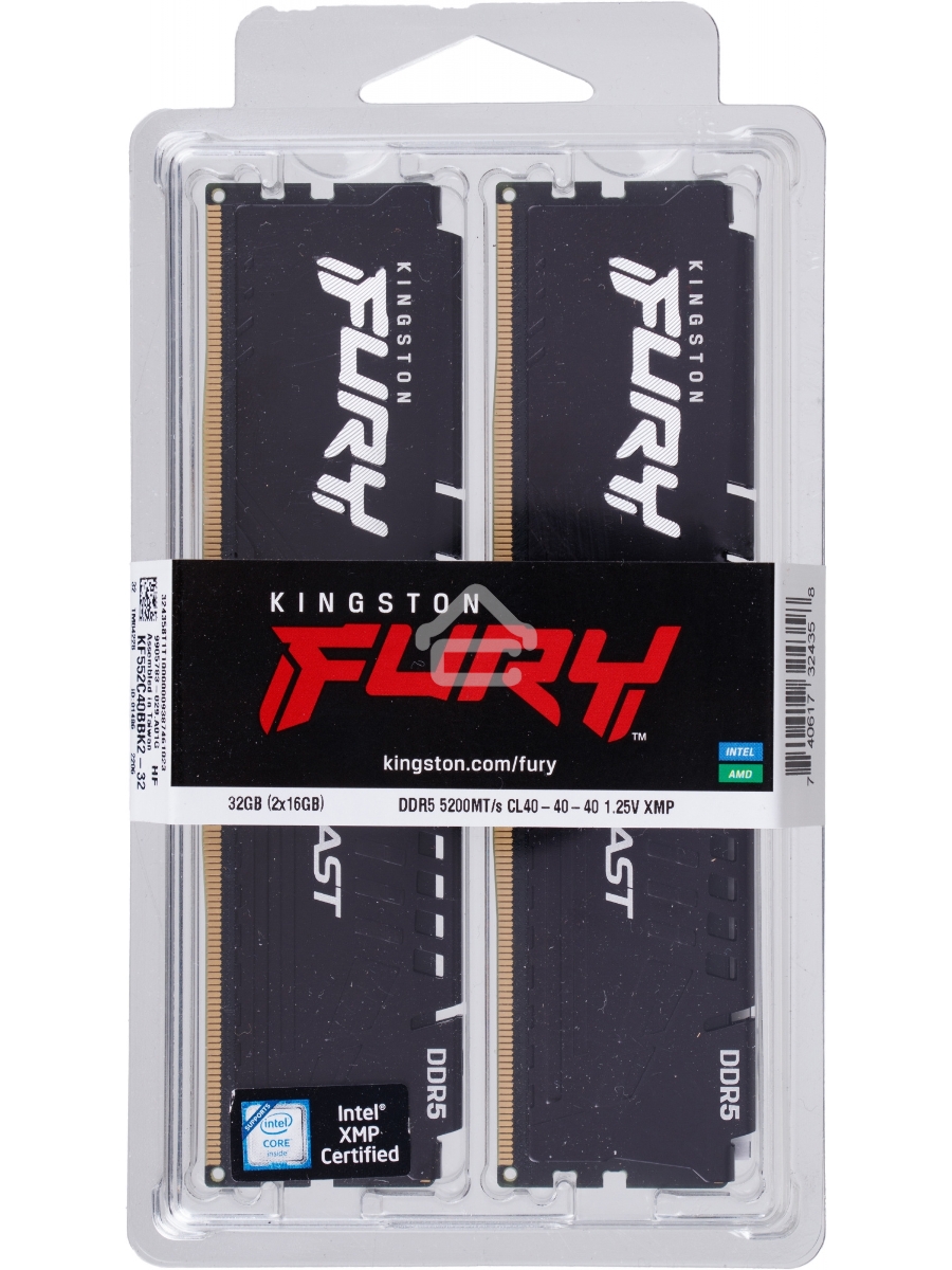 Оперативная память Kingston Fury Beast, DDR5, 32GB (2x16GB), 5200MHz, CL40, DIMM, радиатор, чёрный