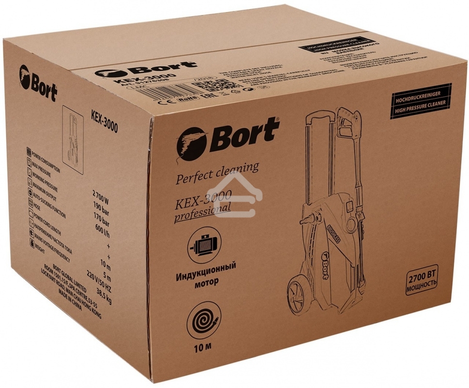 Мойка высокого давления Bort KEX-3000 [91276308]  3000 Вт, максимальное давление 160 бар, рабочее давление 130 бар, 7,5 л/мин, 7.3 кг, набор аксессуаров 3 шт