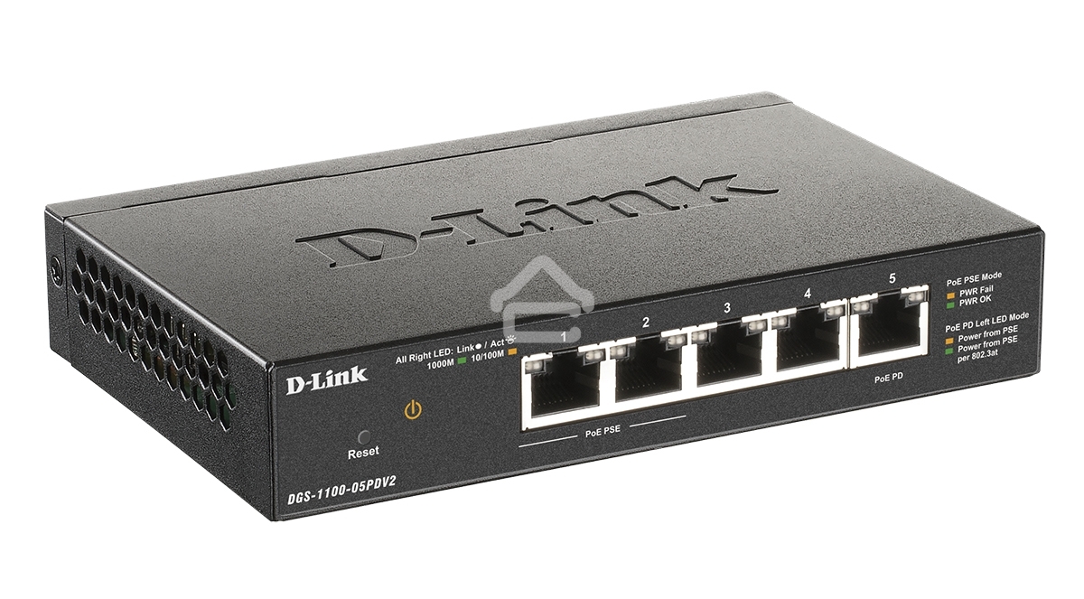 Коммутатор D-Link DGS-1100-05PDV2/A1A, L2 Smart Switch with 4 10/100/1000Base-T ports and 1 10/100/1000Base-T PD port(2 PoE ports 802.3af (15,4 W), PoE Budget 18W from 802.3at / 8W from 802.3af).2K Mac address,