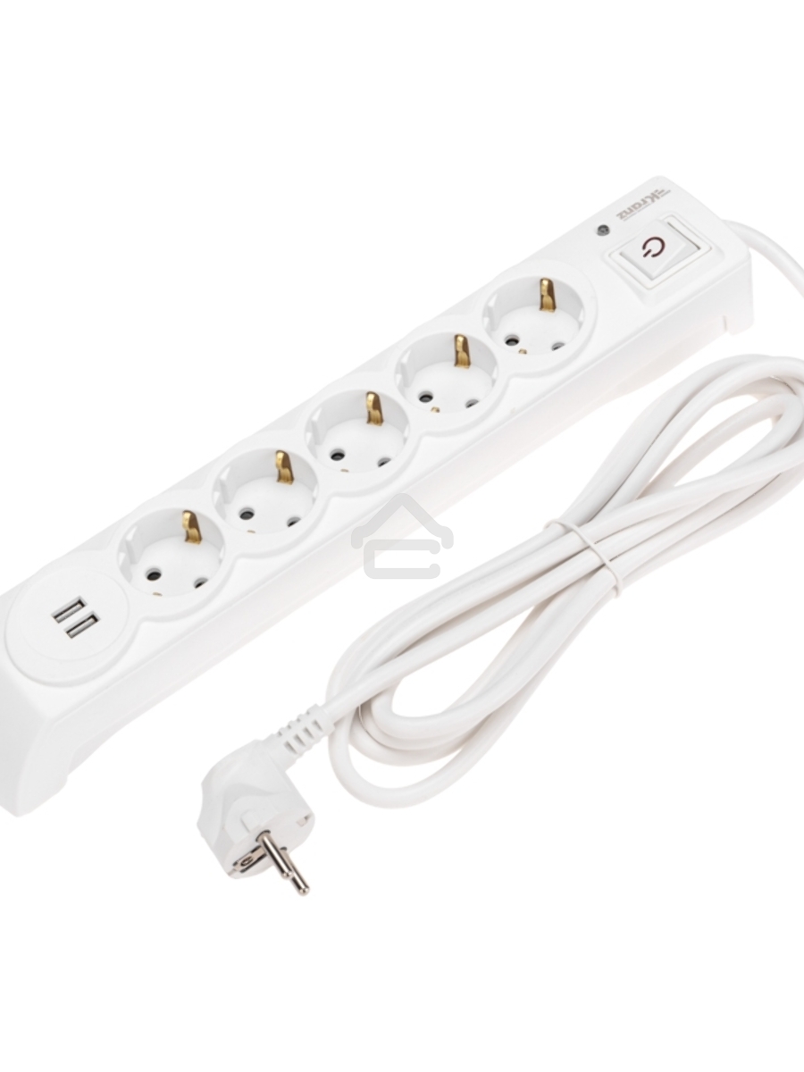 Сетевой фильтр 5 гнезд, 3м, 3х1,5мм², с автовыкл, 2 USB, белый KRANZ
