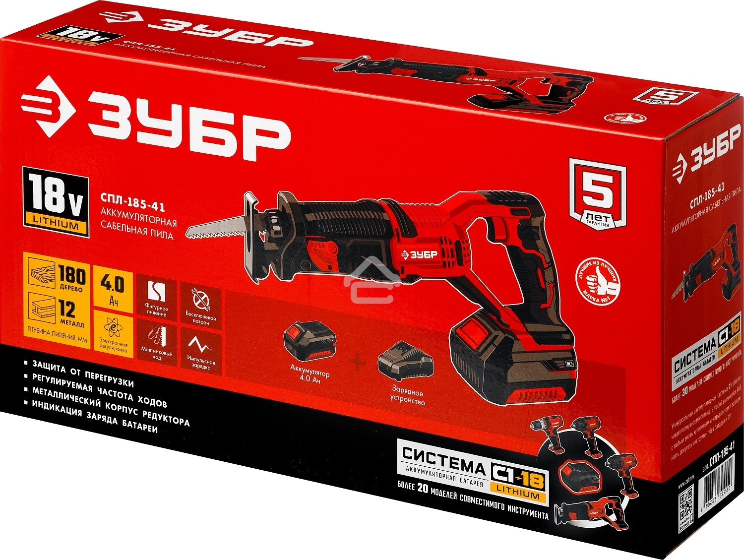 Пила сабельная ЗУБР 18В, 1 АКБ (4А·ч), в коробке, СПЛ-185-41