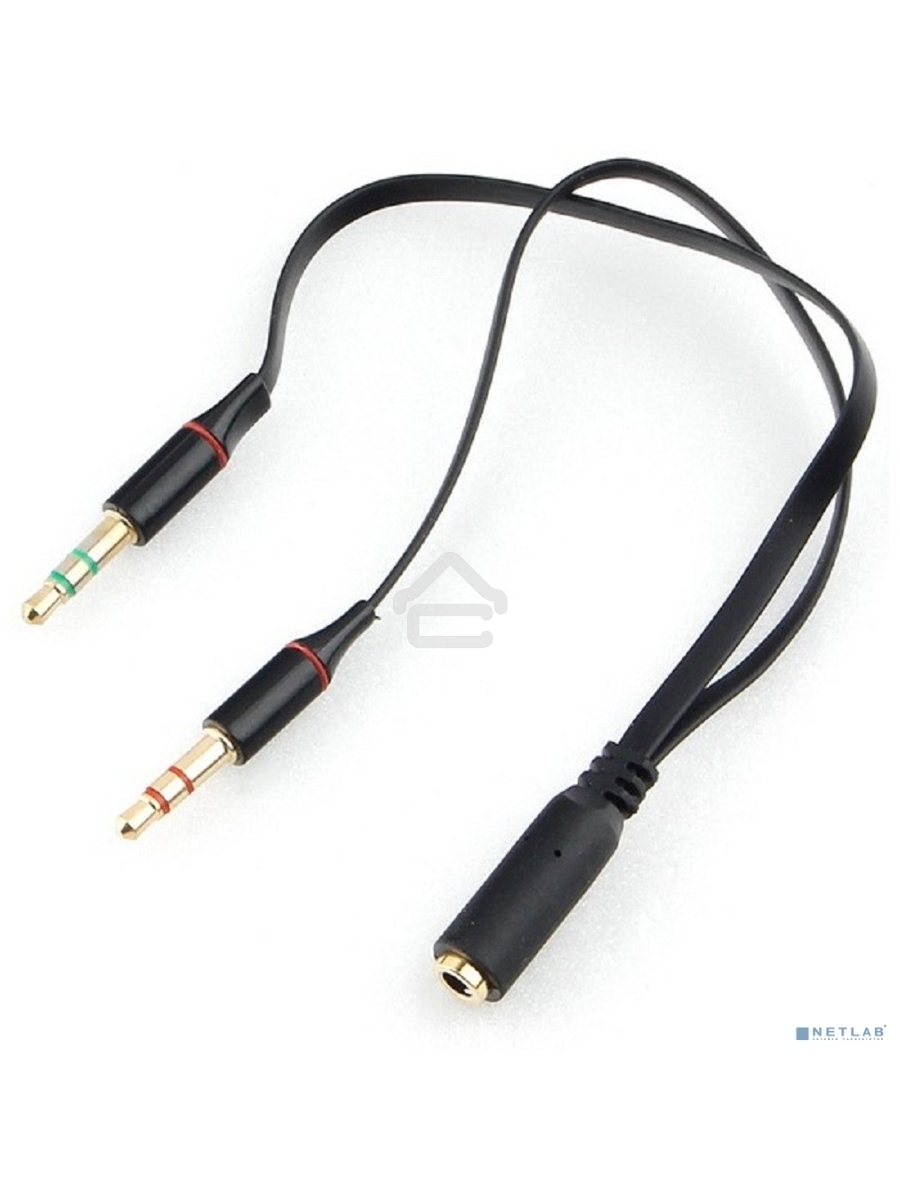 Кабель аудио Cablexpert CCAB-02-35F2M-0.2MB. 3.5 Jack 4pin(F)/2х 3.5 Jack(M) наушники и микрофон, черный, 0.2м, блистер