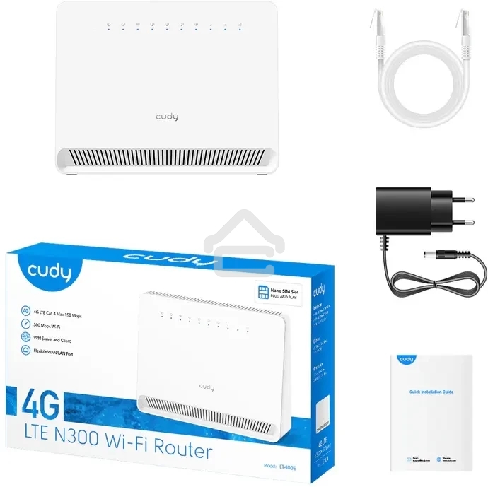 Маршрутизатор N300 Wi-Fi 4G LTE Cat.4 Router, build-in 4G LTE modem,  4 10/100M RJ45 Ports, Nano SIM Slot, 300Mbps at 2.4GHz, Internal antennas, PPTP/L2TP/OpenVPN/WireGuard VPN, DNS over Cloudflare/Google/Quad9, DDNS, SMS, Band locking, TR069/TR098/TR111/