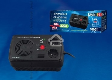 Стабилизатор напряжения UNIEL 9620 U-STR-1000/1 серия Standard Courage 1000 ВА Однофазный электронны(релейный) стабилизатор,номинальная мощность 1,0кВА,диапазон входного напряжения 145-280В,выходное напряжение 220+/-10%В,частота 50/60Гц,точность стабилиза