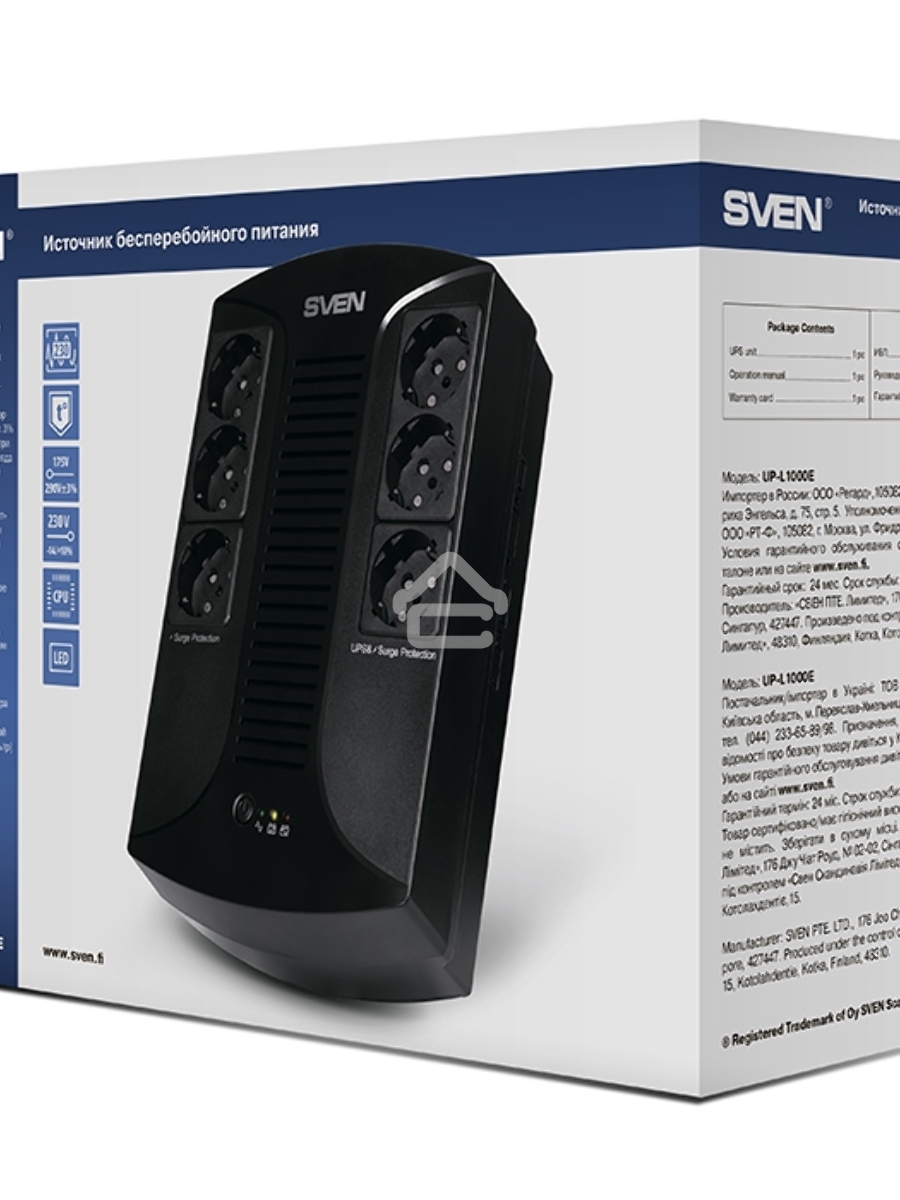 Источник бесперебойного питания SVEN UP-L1000E 1000VA/500W (6 розеток: 3х UPS/сетевой фильтр+3 x сетевой фильтр)