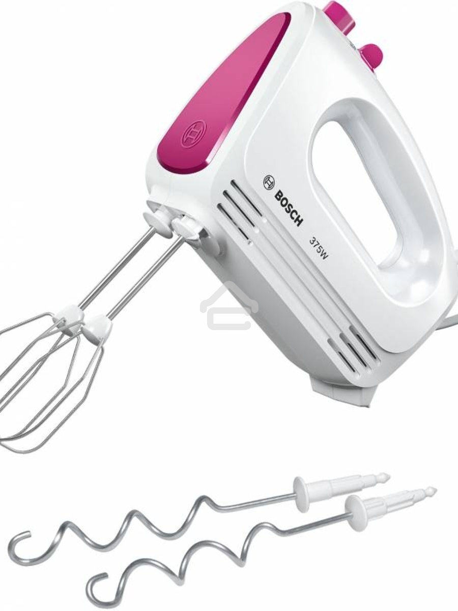 Миксер Bosch MFQ2210P, 375 Вт, цвет: белый/розовый, 4 скорости+ импульс.режим, 2 крюка+ 2 венчика