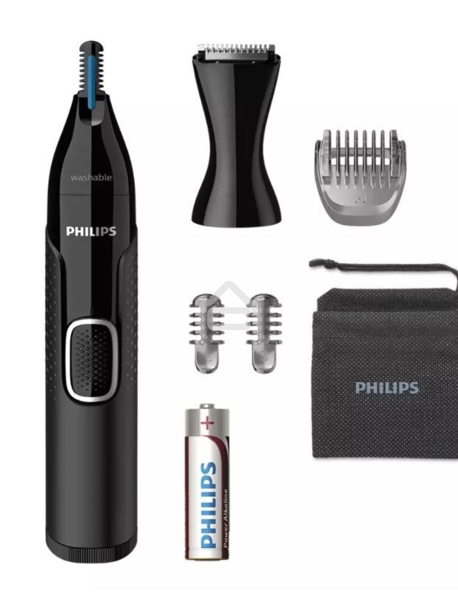 Триммер Philips для носа и ушей, черный, корпус - пластик, 3 насадки-гребня, насадка - триммер, щеточка для очистки, мягкий чехол, батарейка