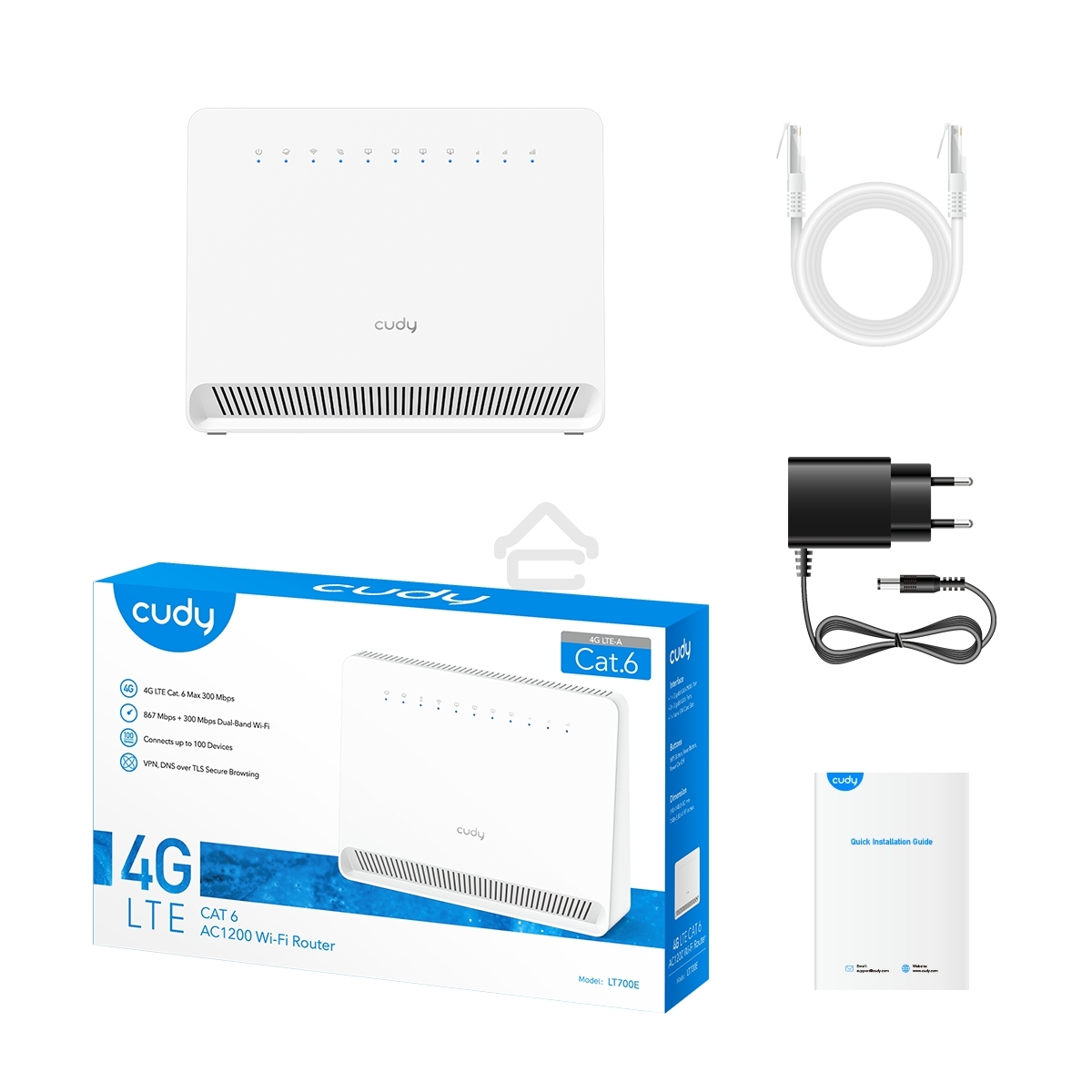Маршрутизатор AC1200 Wi-Fi 4G LTE Cat 6 Gigabit Router, 4 10/100/1000M RJ45 Ports, Nano SIM Slot, Quectel module inside,build-in 4G LTE modem, 300Mbps at 2.4GHz + 867Mbps at 5GHz, Internal Antennas, PPTP/L2TP/OpenVPN/WireGuard VPN, DNS over Cloudflare/Goo