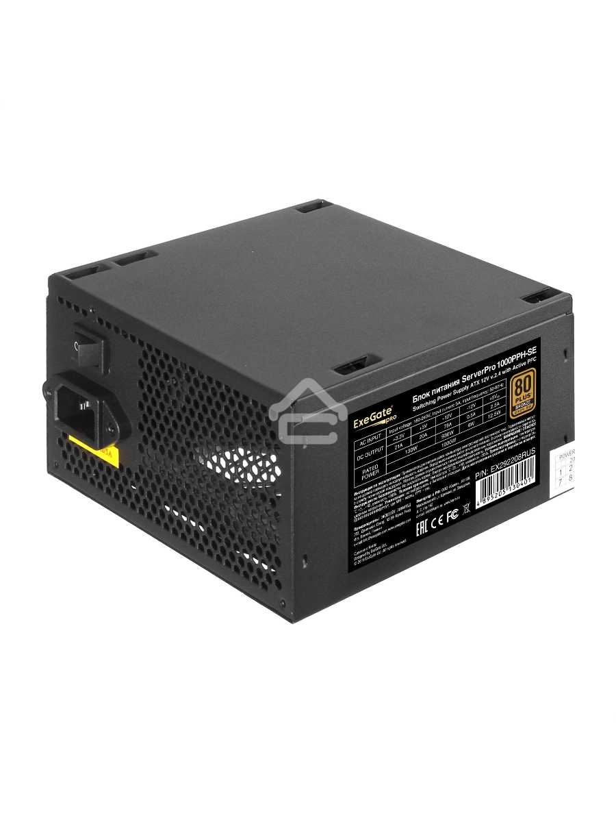 Серверный блок питания1000W ExeGate EX292208RUS ServerPRO 80 PLUS Bronze, 1000PPH-SE (ATX, for 3U+ cases, APFC, КПД 89% (80 PLUS Bronze), 12cm fan, 24pin, 2x(4+4)p, 6xPCI-E, 8xSATA, 4xIDE, box, black)