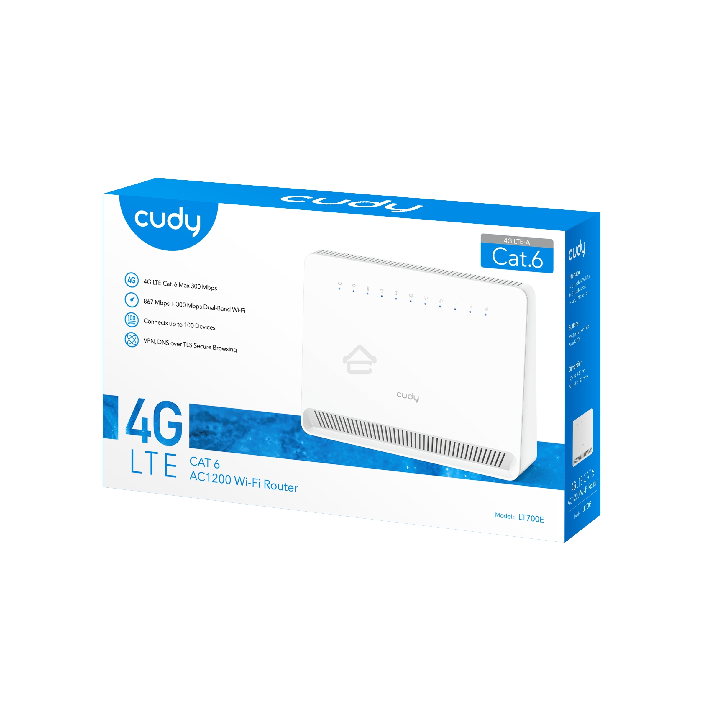 Маршрутизатор AC1200 Wi-Fi 4G LTE Cat 6 Gigabit Router, 4 10/100/1000M RJ45 Ports, Nano SIM Slot, Quectel module inside,build-in 4G LTE modem, 300Mbps at 2.4GHz + 867Mbps at 5GHz, Internal Antennas, PPTP/L2TP/OpenVPN/WireGuard VPN, DNS over Cloudflare/Goo