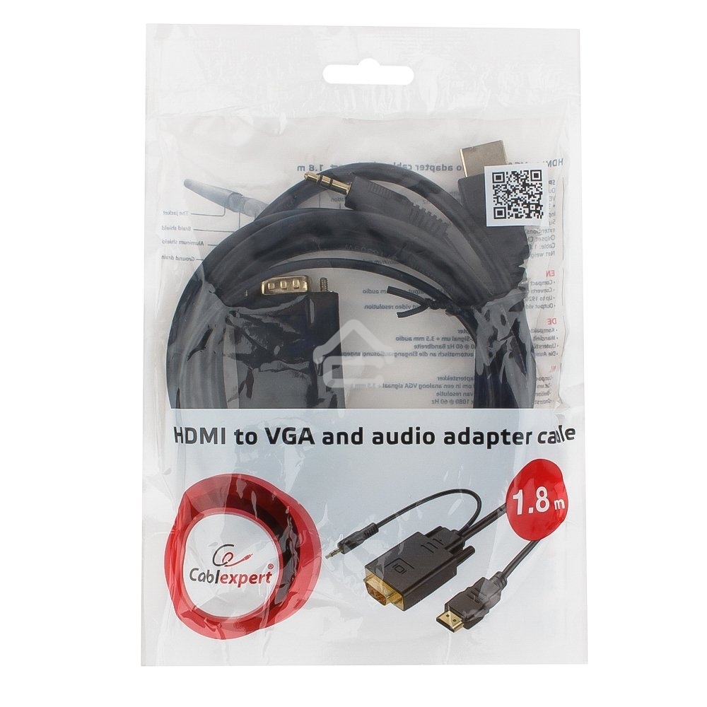 Кабель HDMI->VGA Cablexpert A-HDMI-VGA-03-6, 19M/15M + 3.5Jack, медь, позол.разъемы, 1.8м, черный, пакет