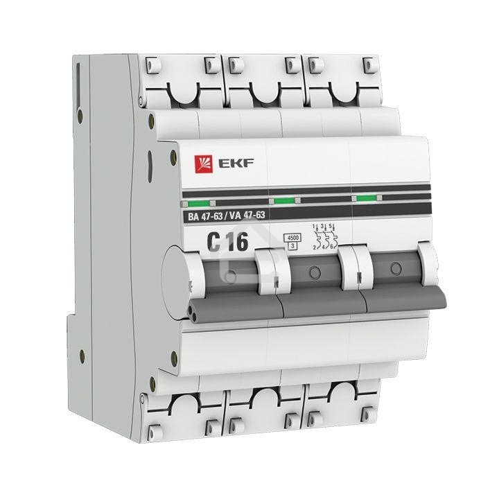 Выключатель автоматический EKF mcb4763-3-16C-pro 3P 16А (C) 4,5kA ВА 47-63 EKF PROxima
