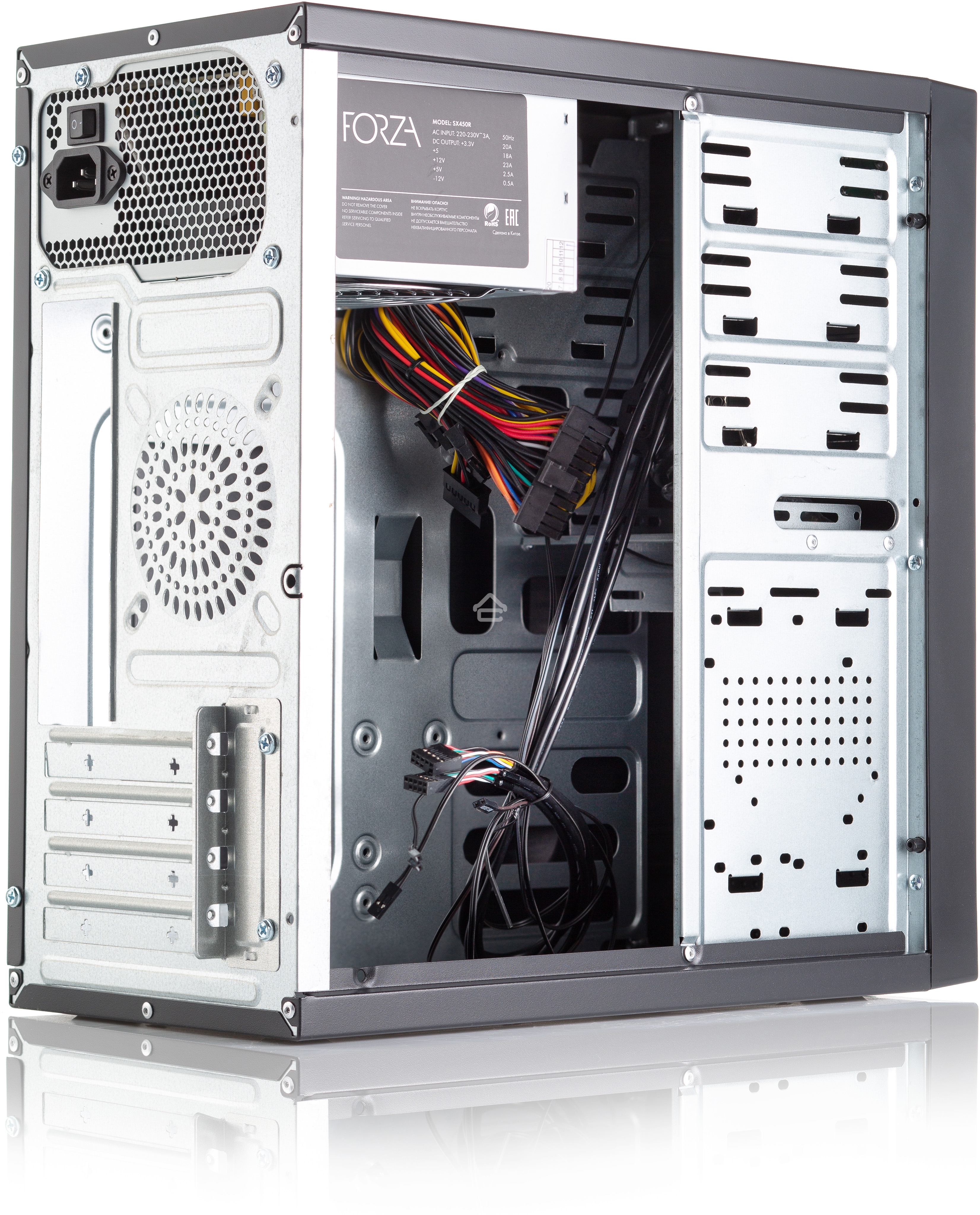 Компьютерный корпус с блоком питания 450Вт. Сase Forza mATX, 450W, 2xUSB 3.0, Black, w/o FAN, 12 см fan PSU, power cord