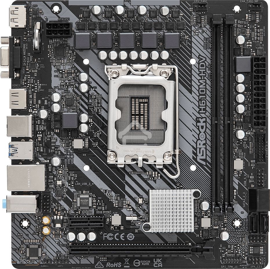 Материнская плата ASRock H610M-HDV, LGA 1700, Intel H610, 2xDDR4, 4xSATA, 1xPCIe 4.0 x16, 1xPCIe x1, 1xHDMI, 1xDP, 1xVGA, 1x 1Gb LAN, 2xUSB-A 3.2 Gen 1, 4xUSB-A 2.0, 3x3.5 мм, 7.1, mATX