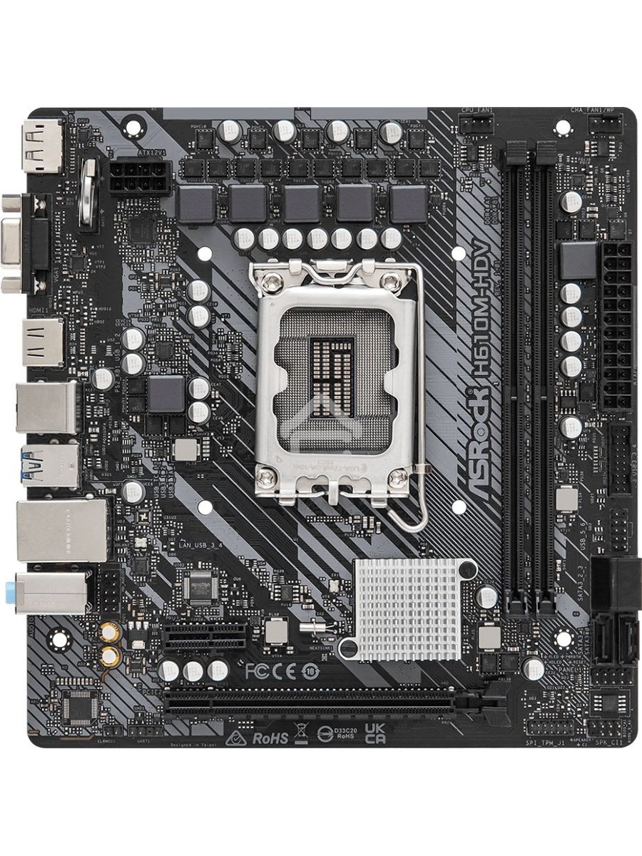Материнская плата ASRock H610M-HDV, LGA 1700, Intel H610, 2xDDR4, 4xSATA, 1xPCIe 4.0 x16, 1xPCIe x1, 1xHDMI, 1xDP, 1xVGA, 1x 1Gb LAN, 2xUSB-A 3.2 Gen 1, 4xUSB-A 2.0, 3x3.5 мм, 7.1, mATX