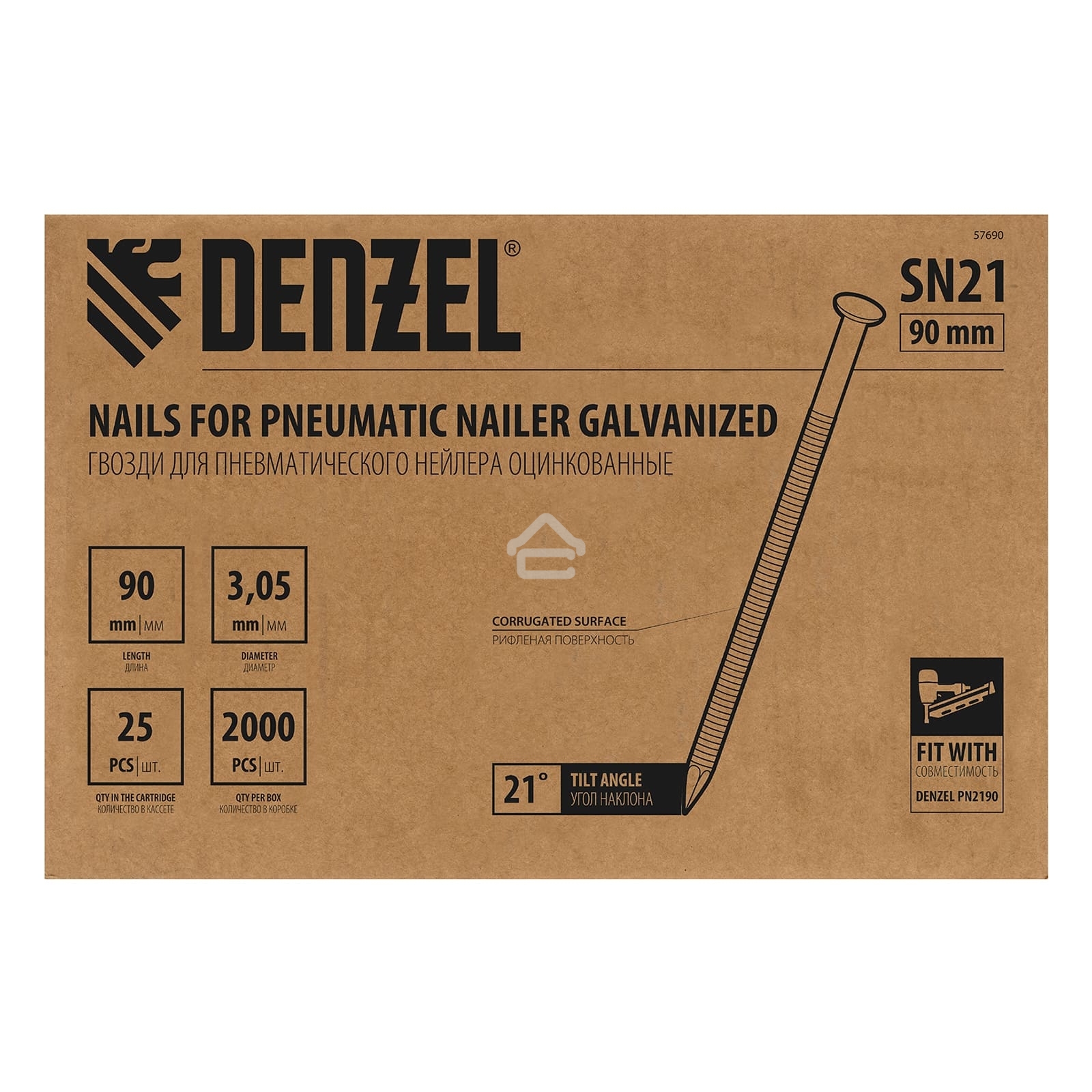 Гвозди Denzel для пнев. нейлера (оцинк.) длина - 90 мм, диам. - 3,05 мм, 2000 шт.