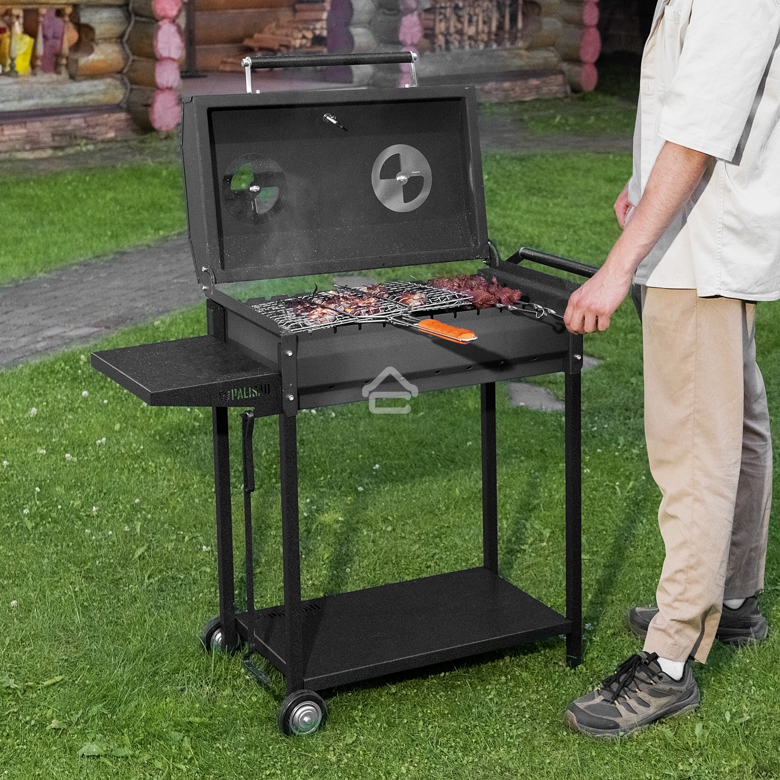 Мангал на колесах с крышкой-барбекю, 662х390х920, сталь 2 мм, термометр, кочерга, Camping Palisad