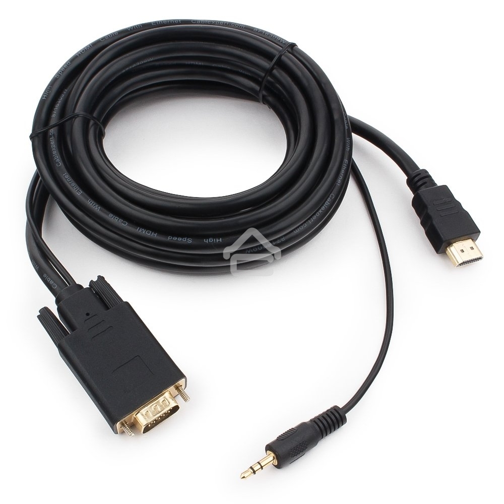 Кабель HDMI->VGA Cablexpert A-HDMI-VGA-03-5M, 19M/15M + 3.5Jack, медь, позол.разъемы, 5м, черный, пакет