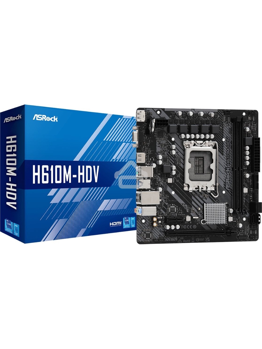 Материнская плата ASRock H610M-HDV, LGA 1700, Intel H610, 2xDDR4, 4xSATA, 1xPCIe 4.0 x16, 1xPCIe x1, 1xHDMI, 1xDP, 1xVGA, 1x 1Gb LAN, 2xUSB-A 3.2 Gen 1, 4xUSB-A 2.0, 3x3.5 мм, 7.1, mATX
