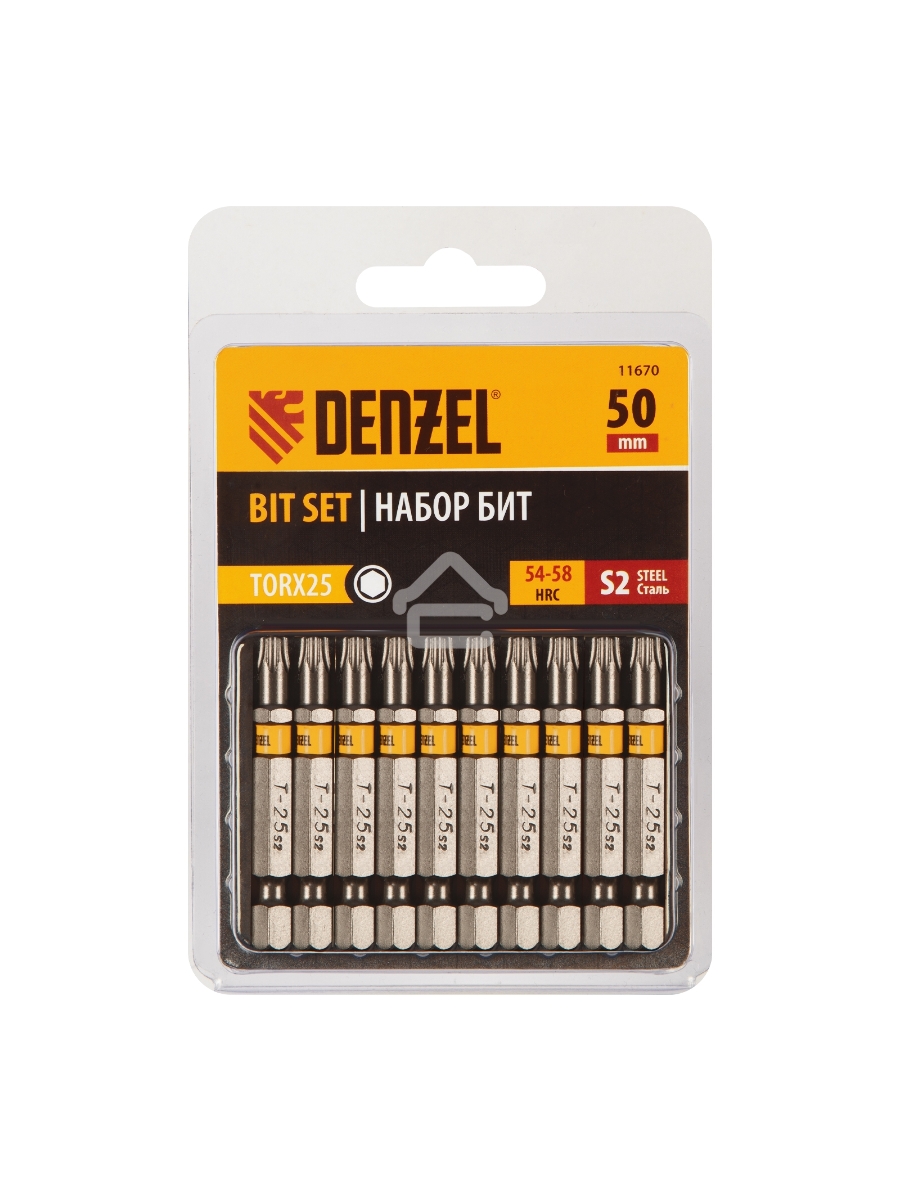Набор бит TORX 25х50, сталь S2, шестигранный профиль, 10 шт. Denzel