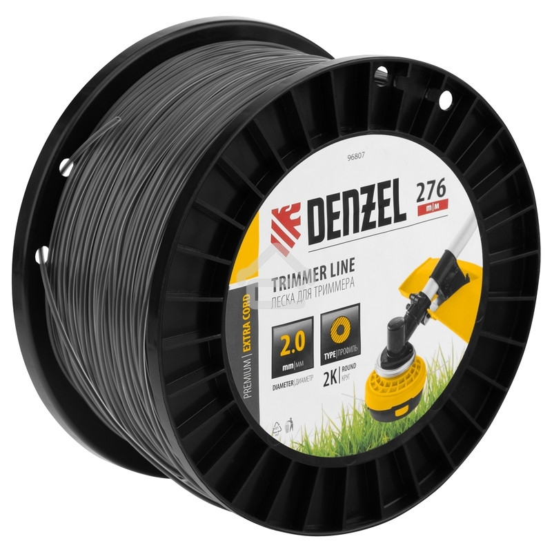 Леска для триммера Denzel двухкомпонентная круглая, 2,0мм х 276м, на DIN катушке EXTRA CORD