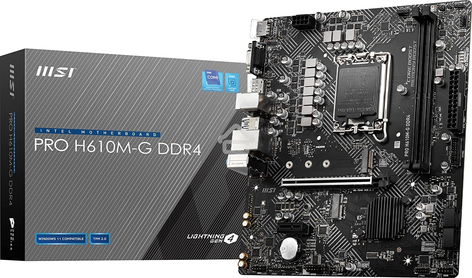 Материнская плата MSI PRO H610M-G DDR4, LGA 1700, Intel H610, 2xDDR4, 4xSATA, 1xM.2, 1xPCIe 4.0 x16, 1xPCIe 3.0 x1, 1xHDMI, 1xDP, 1xVGA, 1xRJ45 1Gb, 2xUSB-A 3.2 Gen 1, 4xUSB-A 2.0, 3x3.5мм, 7.1, mATX