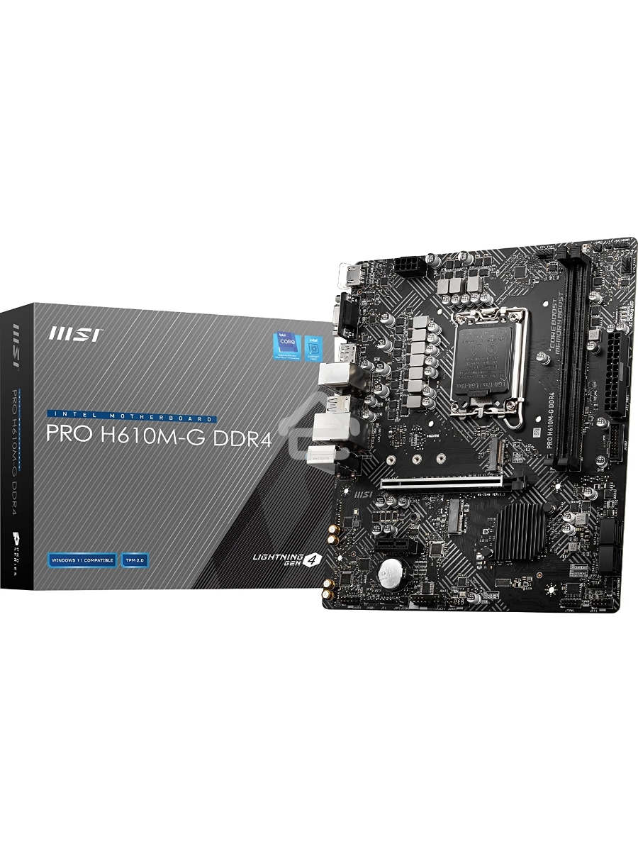 Материнская плата MSI PRO H610M-G DDR4, LGA 1700, Intel H610, 2xDDR4, 4xSATA, 1xM.2, 1xPCIe 4.0 x16, 1xPCIe 3.0 x1, 1xHDMI, 1xDP, 1xVGA, 1xRJ45 1Gb, 2xUSB-A 3.2 Gen 1, 4xUSB-A 2.0, 3x3.5мм, 7.1, mATX