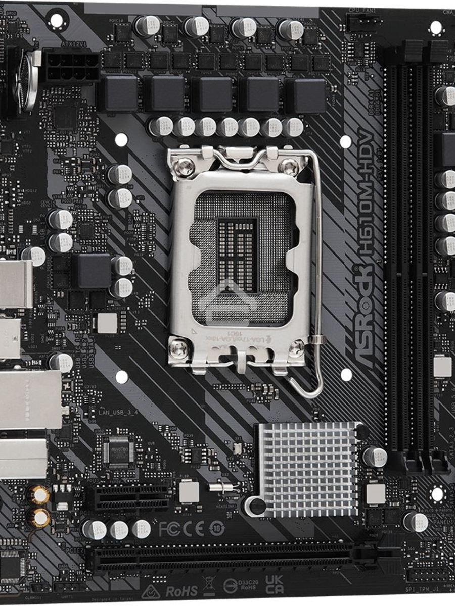 Материнская плата ASRock H610M-HDV, LGA 1700, Intel H610, 2xDDR4, 4xSATA, 1xPCIe 4.0 x16, 1xPCIe x1, 1xHDMI, 1xDP, 1xVGA, 1x 1Gb LAN, 2xUSB-A 3.2 Gen 1, 4xUSB-A 2.0, 3x3.5 мм, 7.1, mATX