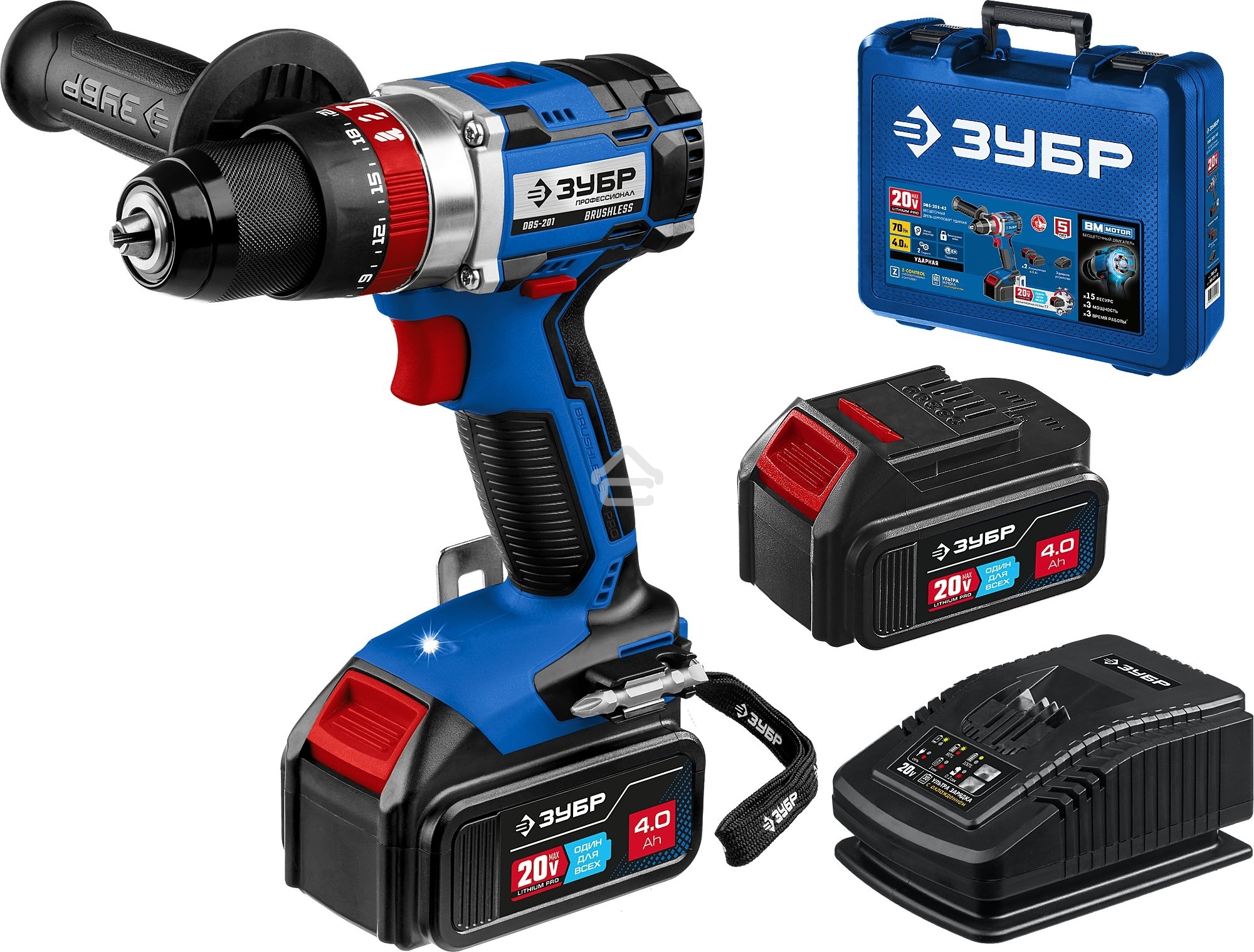 Дрель-шуруповерт Зубр DBS-201-42, 20В, 2 АКБ, Ударная, Кейс