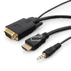 Кабель HDMI->VGA Cablexpert A-HDMI-VGA-03-10M, 19M/15M + 3.5Jack, медь, позол.разъемы, 10м, черный, пакет