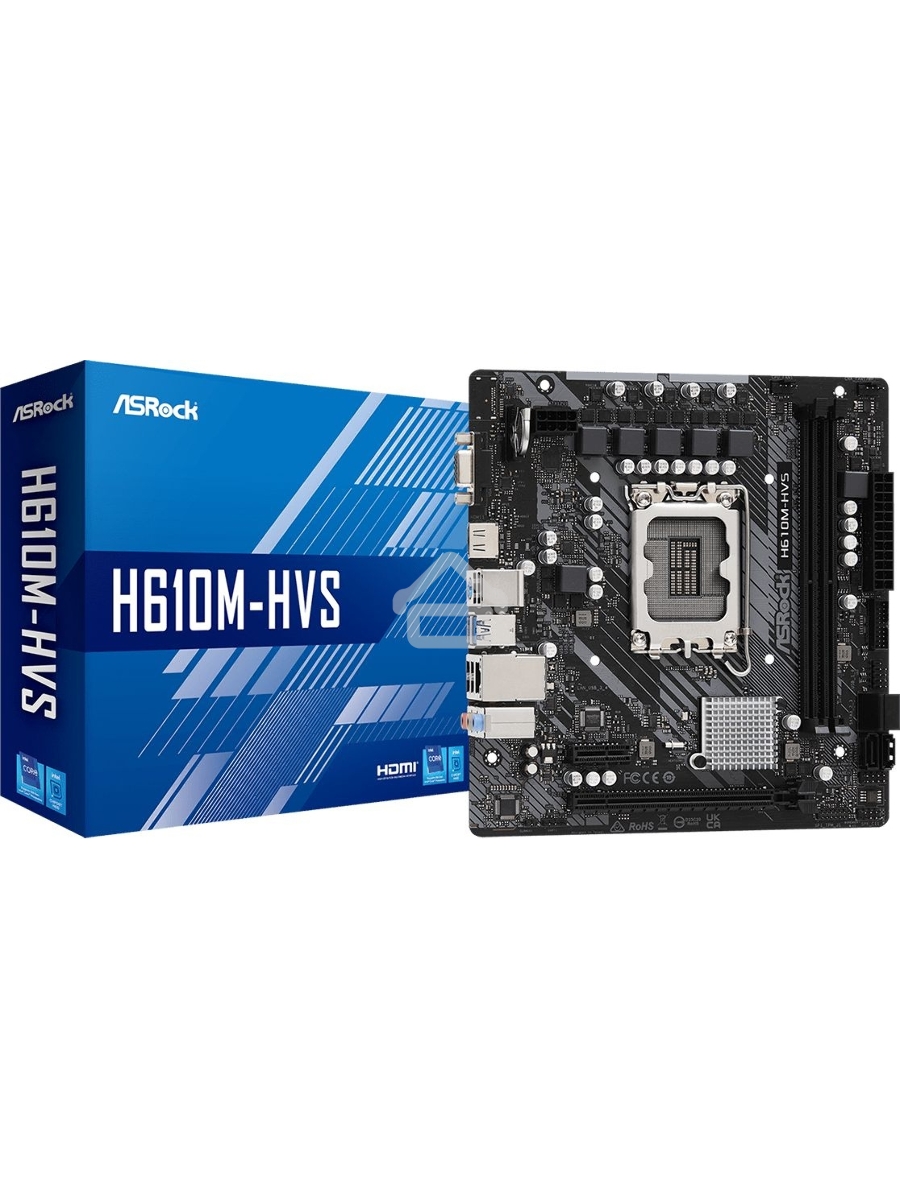 Материнская плата ASRock H610M-HVS, LGA 1700, Intel H610, 2xDDR4, 4xSATA, 1xPCIe 4.0 x16, 1xPCIe x1, 1xHDMI, 1xVGA, 1x 1Gb LAN, 2xUSB-A 3.2 Gen 1, 4xUSB 2.0, 3x3.5 мм, 7.1, mATX