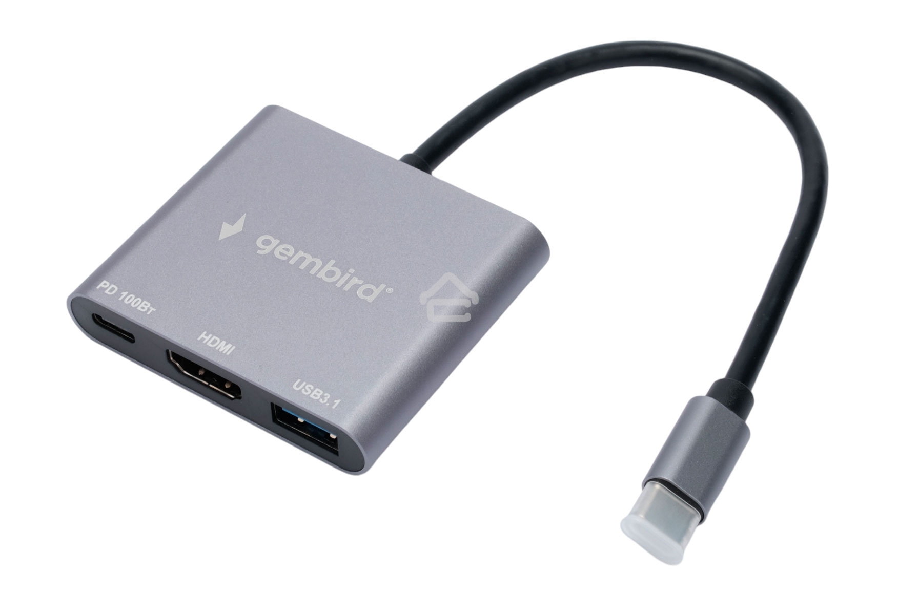 Док-станция Type-C Gembird UHB-D2, 3в1: USB3.1, Type-C PD100W, HDMI, кабель 15см, алюминий