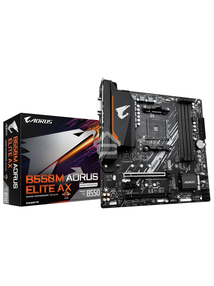 Материнская плата Gigabyte B550M AORUS ELITE AX, Socket AM4, AMD B550, 4xDDR4, 4xSATA, 2xM.2, 1xPCI-E 4.0 x16, 1xPCI-E 3.0 x4, 1xPCI-E x1, 1xDVI-D, 1xHDMI, 1x 1Gb LAN, 4xUSB-A 3.2 Gen 1, 4xUSB-A 2.0, 3x3.5 мм, 7.1, Micro-ATX