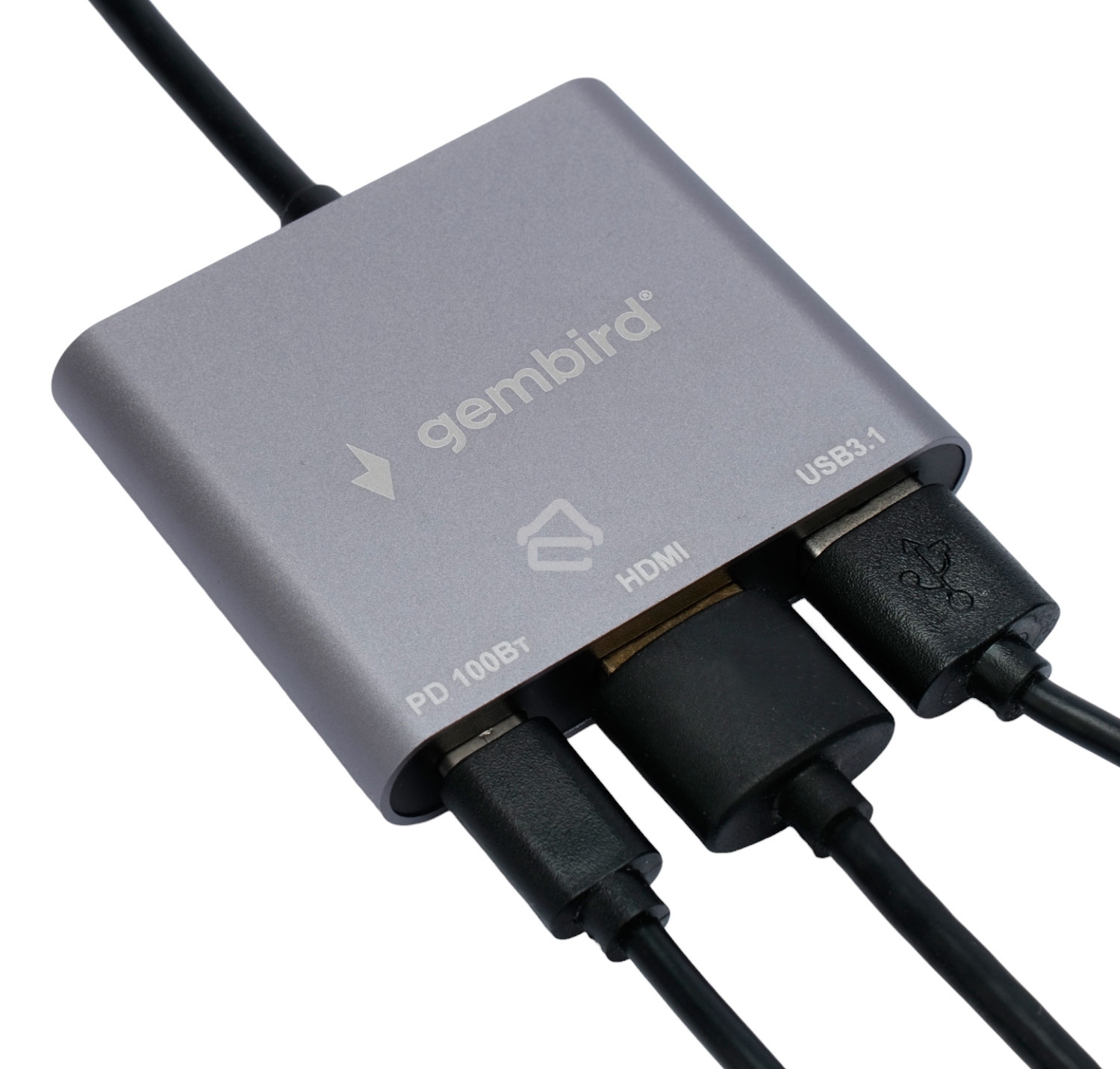 Док-станция Type-C Gembird UHB-D2, 3в1: USB3.1, Type-C PD100W, HDMI, кабель 15см, алюминий
