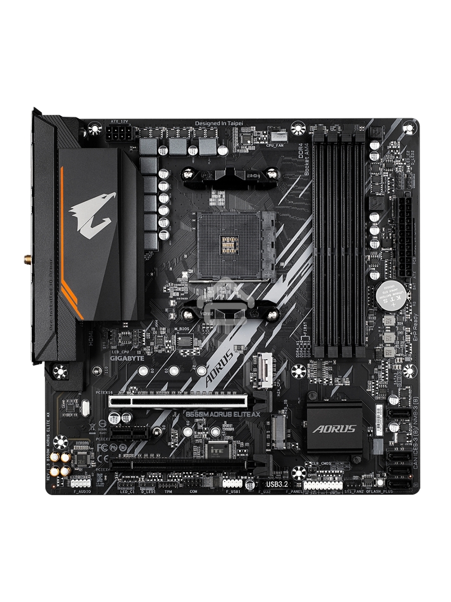 Материнская плата Gigabyte B550M AORUS ELITE AX, Socket AM4, AMD B550, 4xDDR4, 4xSATA, 2xM.2, 1xPCI-E 4.0 x16, 1xPCI-E 3.0 x4, 1xPCI-E x1, 1xDVI-D, 1xHDMI, 1x 1Gb LAN, 4xUSB-A 3.2 Gen 1, 4xUSB-A 2.0, 3x3.5 мм, 7.1, Micro-ATX