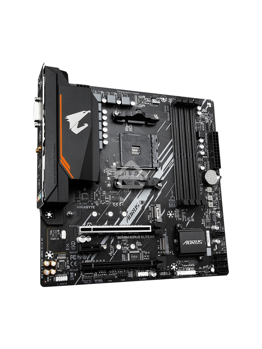 Материнская плата Gigabyte B550M AORUS ELITE AX, Socket AM4, AMD B550, 4xDDR4, 4xSATA, 2xM.2, 1xPCI-E 4.0 x16, 1xPCI-E 3.0 x4, 1xPCI-E x1, 1xDVI-D, 1xHDMI, 1x 1Gb LAN, 4xUSB-A 3.2 Gen 1, 4xUSB-A 2.0, 3x3.5 мм, 7.1, Micro-ATX