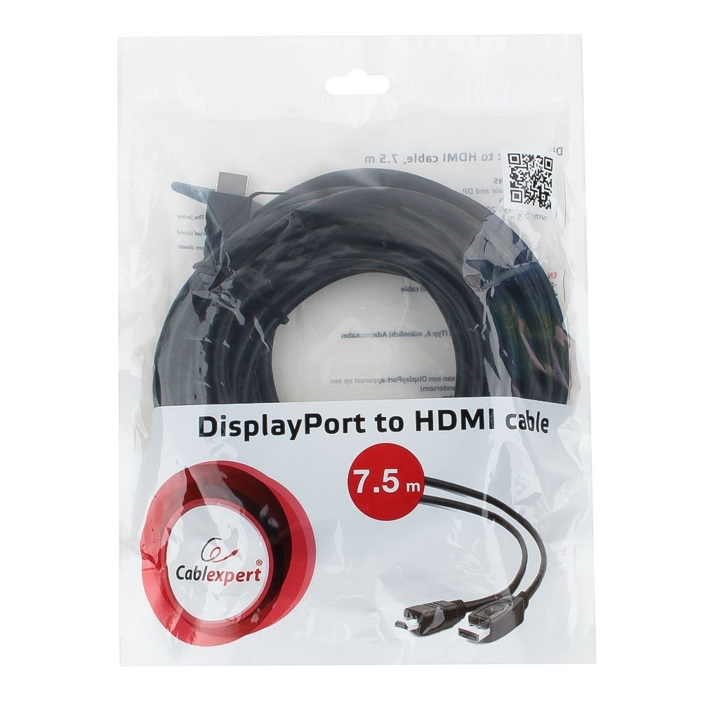 Кабель Cablexpert DisplayPort->HDMI, 7.5м, 20M/19M, черный, экран, пакет 