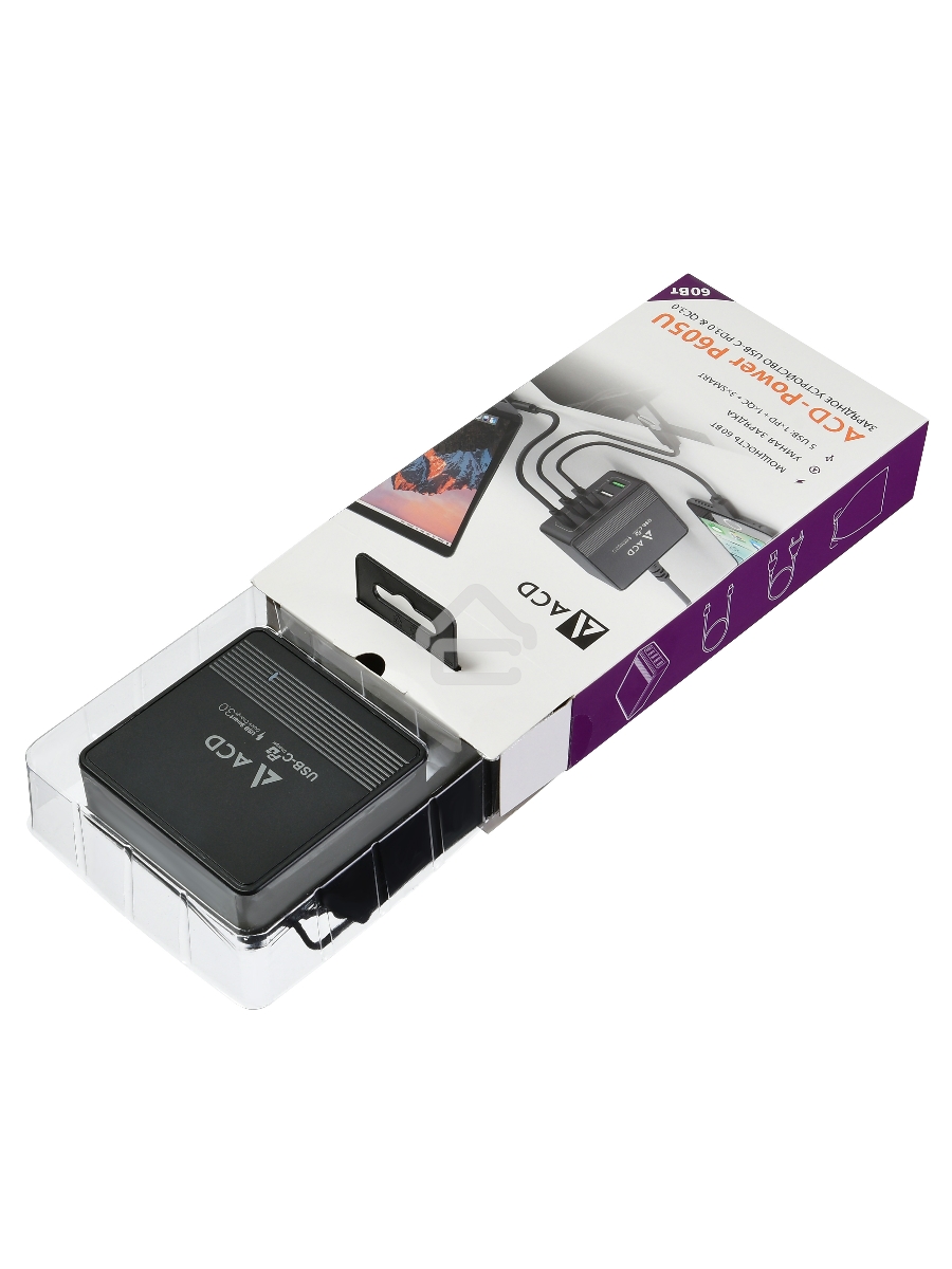 Сетевое зарядное устройство  ACD-P605U-V1B 60Вт,  5xUSB 1PD+1QC+3Smart, 3.6~20В/3А RTL