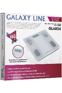 Весы напольные многофункциональные Galaxy Line GL 4854, белый, электронные, элемент питания типа «AAA», 2 шт в комплекте, сверхточная сенсорная электронная система, платформа из высокопрочного стекла, жидкокристаллический дисплей, максимально допустимый в