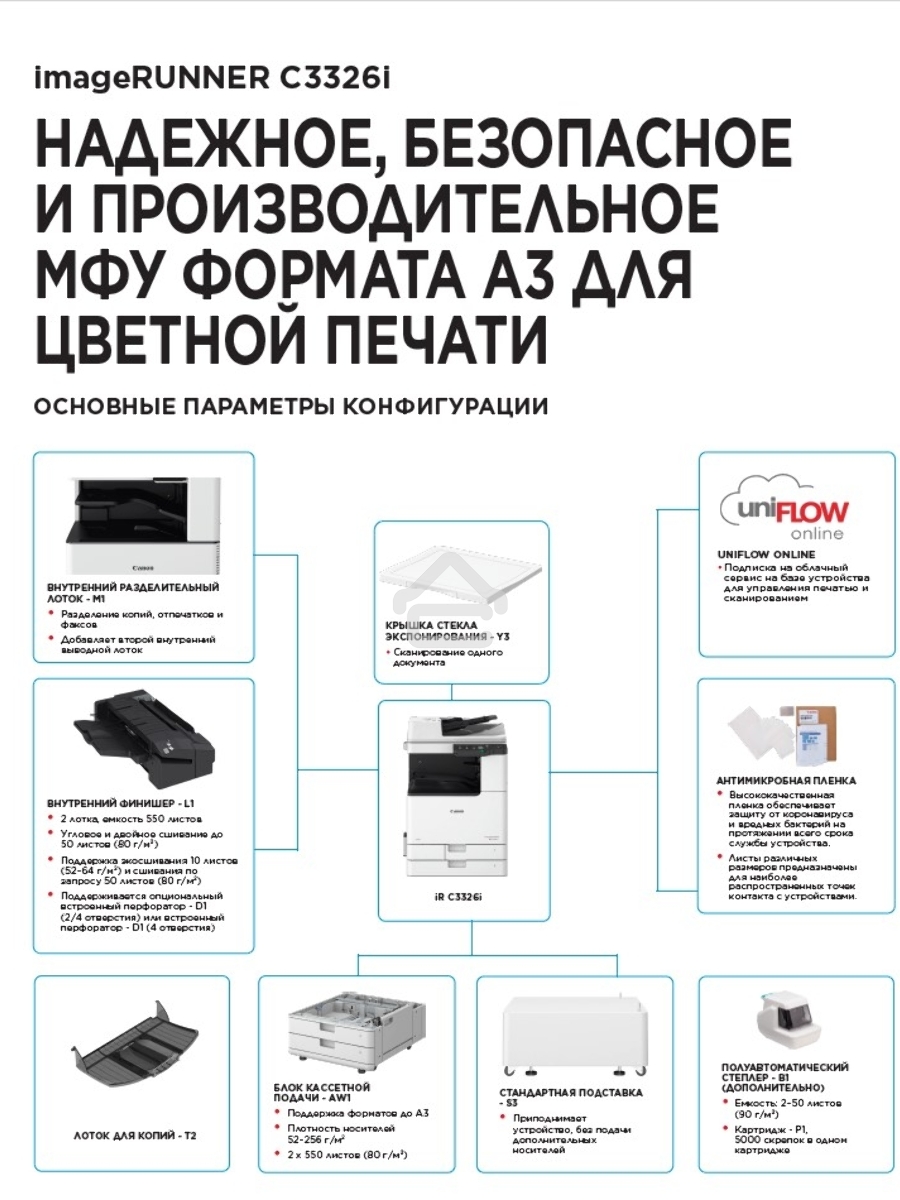 МФУ лазерный Canon imageRUNNER C3326i (5965C005), A3, цветное, печ. 26 стр/мин. (А4) 15 стр/мин. (А3), скан. до 70 стр/мин., 1200х1200 dpi (печать) 600х600 dpi (скан.), USB, RJ-45, Wi-Fi, Air Print, Mopria