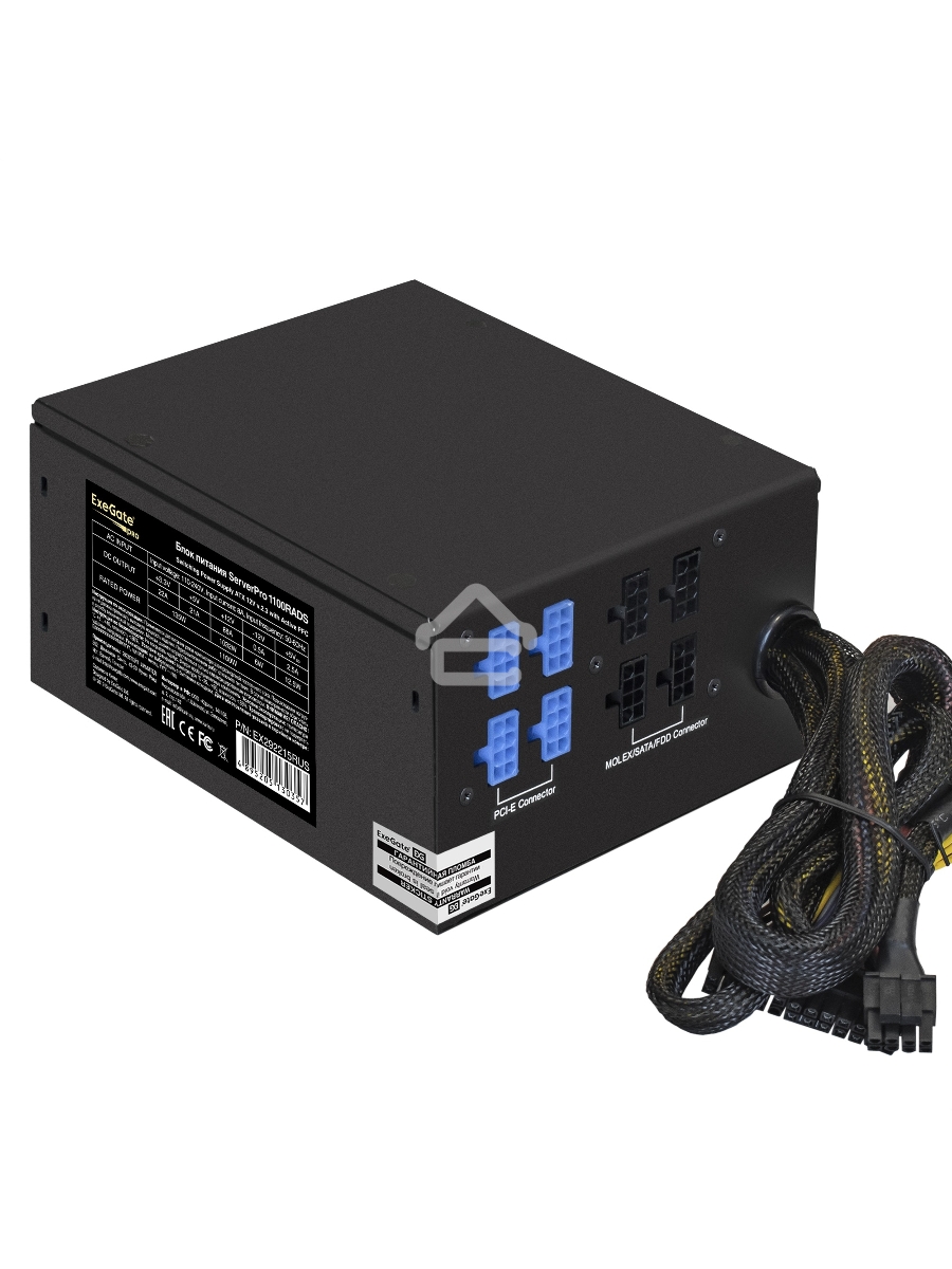 Серверный блок питания 1100W ExeGate EX292215RUS ServerPRO-1100RADS (ATX, for 3U+ cases, КПД 82% (80 PLUS), 14cm fan, 24pin, 2(4+4)pin, 6xPCIe, 8xSATA, 4xIDE, Cable Management, black)