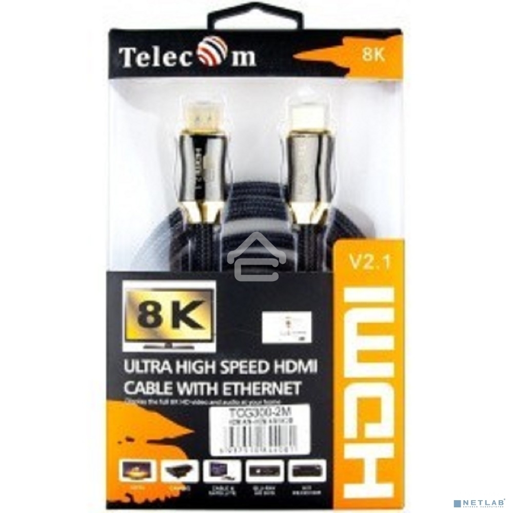 Кабель HDMI 19M/M,ver. 2.1, 8K@60 Hz 2m метал разъемы, нейлоновая оплетка Telecom <TCG300-2M>